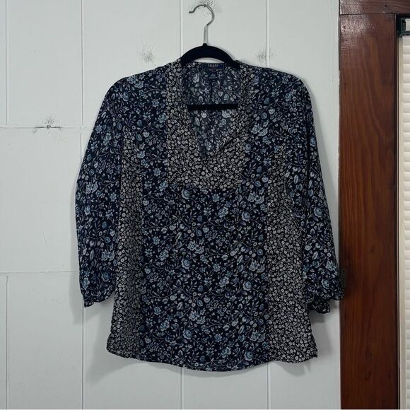 Chaps Navy and White Two Floral Blouse Size Small - Picture 1 of 4